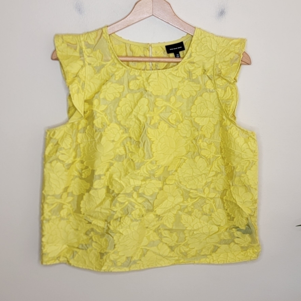 Who What Wear Yellow Floral Ruffle Sleeve Top Size Medium Bright Bold Summer
